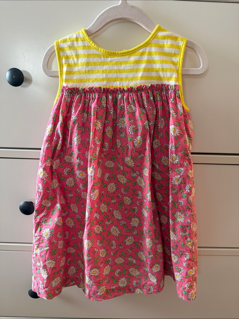 Baby Boden Lined Pink Daisy Print Sundress with Yellow Stripe Bodice